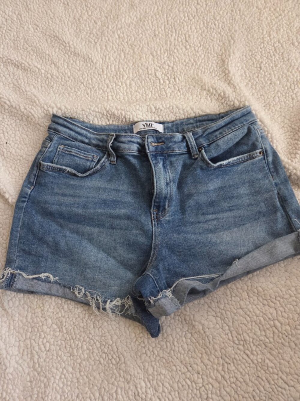 YMI Medium Wash Denim Cuffed Frayed Shorts Size 13/31